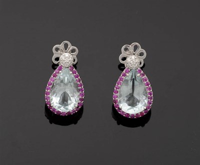 Lot 242 - A Pair of Aquamarine, Pink Sapphire and Diamond Ear Studs, a cluster of diamonds in a...