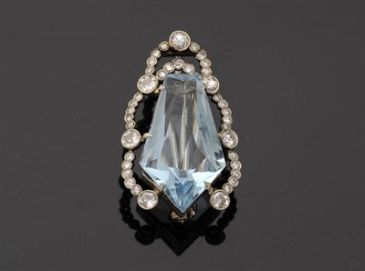 Lot 248 - An Aquamarine and Diamond Brooch, the faceted pentagon shaped aquamarine in a claw setting is...