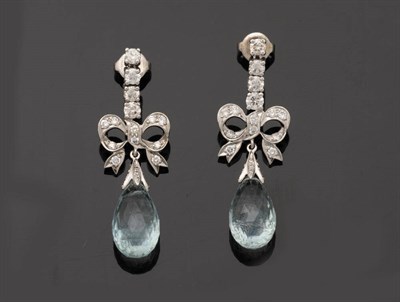 Lot 253 - A Pair of 18 Carat White Gold Aquamarine and Diamond Drop Earrings, a line of four round...