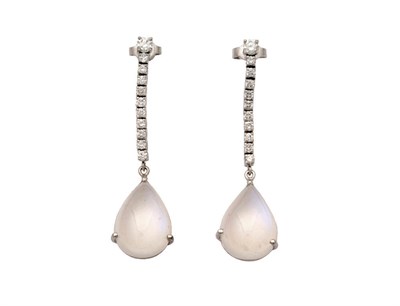 Lot 272 - A Pair of Moonstone and Diamond Drop Earrings, a round brilliant cut diamond stud suspends a row of