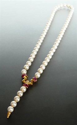 Lot 283 - A Cultured Pearl Necklace, a row of cultured pearls spaced by gold links, to a fancy ruby and...