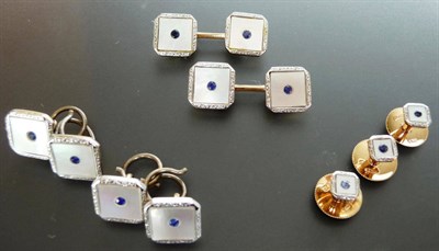 Lot 284 - A Set of 9 Carat Gold Sapphire and Mother-of-Pearl Shirt Studs, including a pair of cufflinks, four