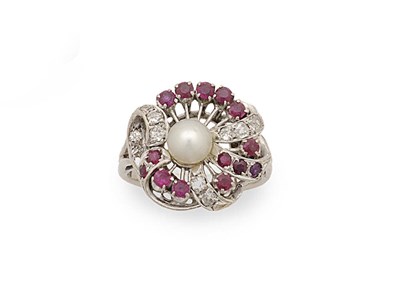 Lot 305 - A Pearl, Diamond and Ruby Cocktail Ring, a central pearl is surrounded by old cut diamonds in a...