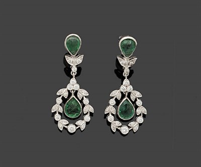 Lot 320 - A Pair of Emerald and Diamond Drop Earrings, ensuite to the previous lot, with post and...