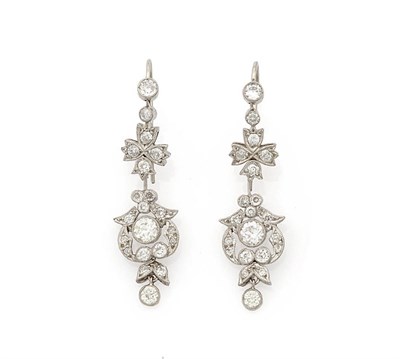 Lot 331 - A Pair of Diamond Drop Earrings, round brilliant cut diamonds in millegrain settings form a...