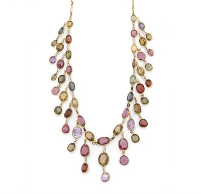 Lot 333 - A Multi Gem Necklace, amethyst, citrine, sapphire and garnet stones in spectacle settings along the