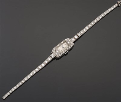 Lot 342 - A Lady's Platinum and Diamond Set Wristwatch, circa 1935, nickel finished lever movement,...