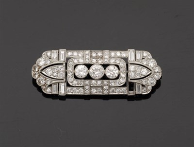 Lot 350 - An Art Deco Diamond Plaque Brooch, round brilliant and baguette cut diamonds held in millegrain...