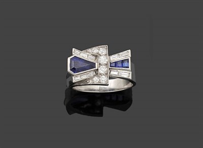 Lot 353 - An Art Deco Diamond and Sapphire Ring, faceted sapphires set with old and baguette cut...