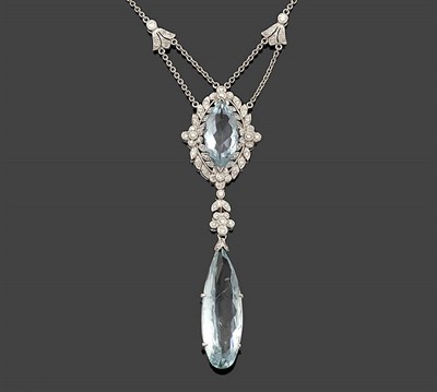 Lot 358 - An Aquamarine and Diamond Necklace, two diamond set panels suspend double chains which hold a...