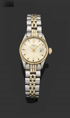 Lot 369 - A Lady's Stainless Steel and Gold Automatic Calendar Centre Seconds Wristwatch, signed Rolex,...