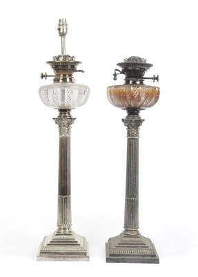 Lot 382 - A Pair of Mappin & Webb King's Plate Table Oil Lamps, circa 1905, as a corinthian column supporting