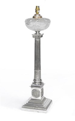 Lot 383 - A Victorian Electroplated Oil Lamp, circa 1890, the stepped square base rising to a plinth...