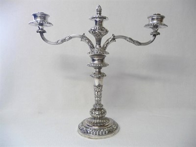 Lot 386 - A George IV Sheffield Plate Twin-Light Candelabrum, Matthew Boulton & Plate Co, Birmingham,...