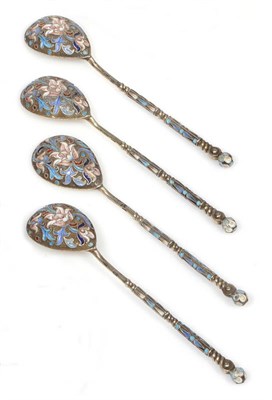 Lot 404 - A Set of Four Russian Silver and Enamel Spoons, Gustav Klingert, Moscow, circa 1890, of traditional