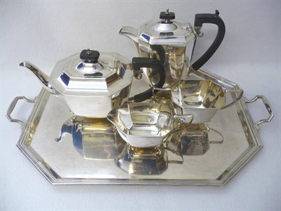 Lot 416 - A George VI Four Piece Teaset and Tray, maker's mark HF & Co, Sheffield 1945/9, the plain...