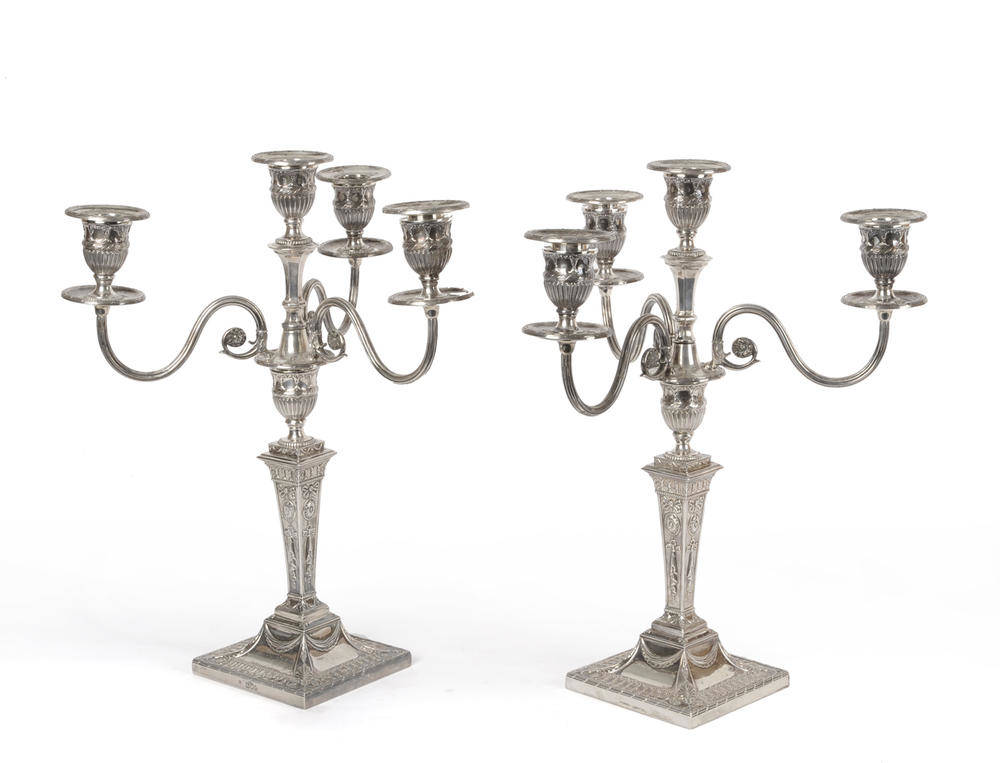 Lot 437 - A Pair of Late Victorian Three-Branch Four-Light Table Candelabra in Adam Style, Thomas...