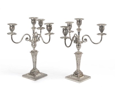 Lot 437 - A Pair of Late Victorian Three-Branch Four-Light Table Candelabra in Adam Style, Thomas...