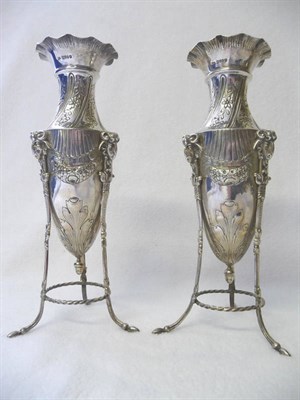 Lot 443 - A Pair of Victorian Vases, E T Bryant, import marked London 1899, the long triform bases with...