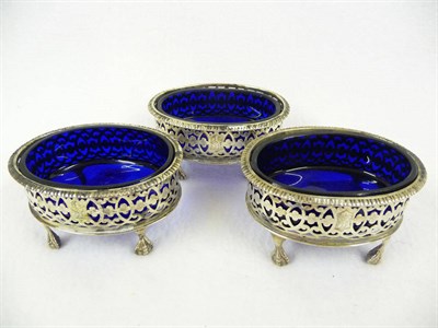 Lot 445 - A Set of Three Victorian Salt Cellars, D&J Welby, London 1881, oval with foliate scroll pierced...