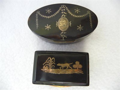 Lot 538 - A George III Tortoiseshell, Silver Pique Inlaid and Gilt Metal Mounted Oval Snuffbox, circa...