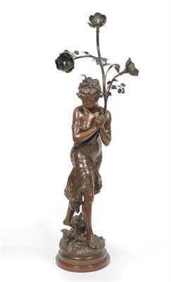 Lot 556 - After Auguste Moreau: La Cigale, A Bronzed Spelter Figural Electrolier, French, circa 1890, as...