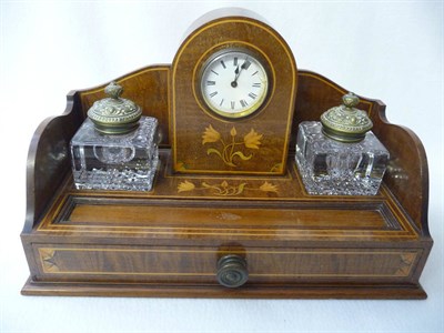 Lot 568 - An Edwardian Mahogany and Marquetry Inlaid Inkstand, incorporating a Timepiece, rectangular,...