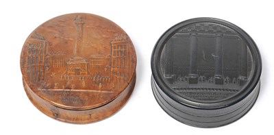 Lot 578 - A Pressed Burrwood Snuffbox, French, circa 1800, circular with concave sides, the lid in relief...