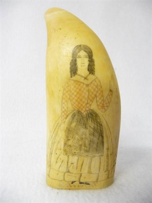 Lot 594 - A Scrimshaw Sperm Whale Tooth, probably American, 19th century, incised on one side only with a...