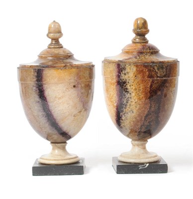 Lot 627 - A Pair of Derbyshire "Blue John" Spar Pedestal Urns and Covers, early 19th century, each...