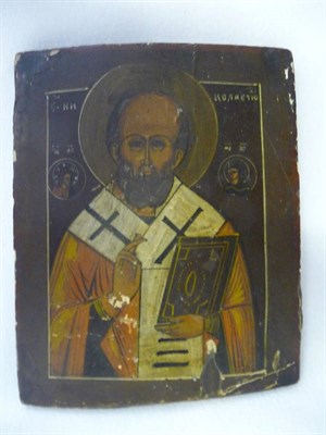 Lot 640 - A Greek Icon, St Nikolas of the Revered, 19th century, painted on panel, 27cm by 22.5cm