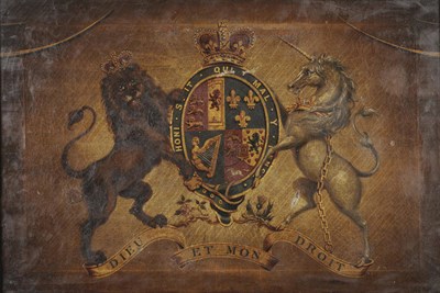 Lot 642 - The Royal Coat of Arms, Oil on Canvas, early 19th century, 51cm by 76cm, in a period oak...