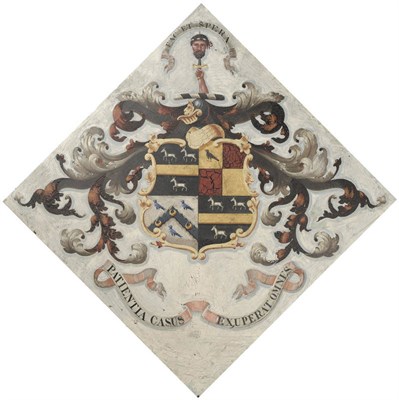 Lot 643 - A Hatchment, early 19th century, oil on canvas, 127cm square, in a modern frame  The arms may...