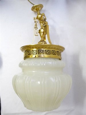 Lot 651 - A Gilt Brass and White Opaline Glass Mounted Ceiling Lamp, early 20th century, with an upper...