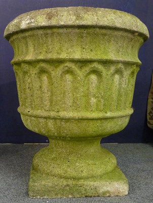 Lot 661 - A Set of Four Cast Concrete Composition Pedestal Garden Urns, 20th century, the bucket bowls...