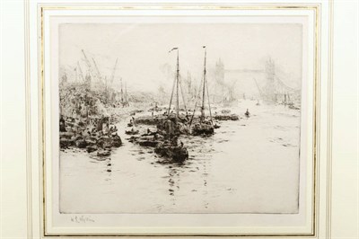 Lot 750 - William Lionel Wyllie R.A., R.I., R.E. (1851-1931) "The Tower and Tower Bridge with Dutch...