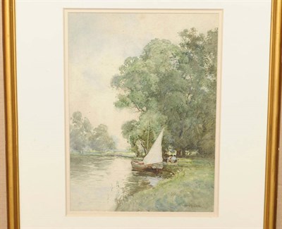 Lot 784 - William Tatton Winter R.B.A. (1855-1928) River Landscape with a Boat and Figures Signed, also...