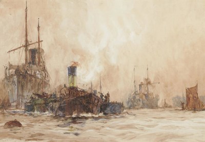 Lot 808 - Charles Edward Dixon R.I. (1872-1934) Tugs and Other Shipping on a River Signed and dated 1891,...