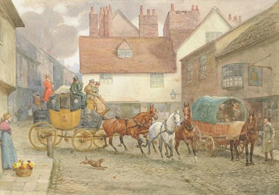 Lot 818 - George Goodwin Kilburne R.I., R.B.A. (1839-1924) The London to York Stagecoach on a Cobbled Street