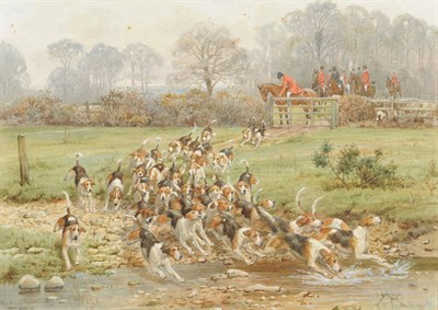 Lot 819 - George Goodwin Kilburne R.I., R.B.A. (1839-1924) Hounds crossing a stream Signed and dated...