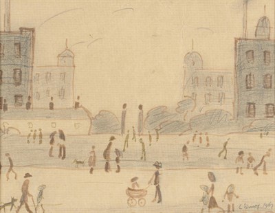 Lot 835 - Lawrence Stephen Lowry R.A. (1887-1976) Street Scene with Figures, buildings and trees nearby...