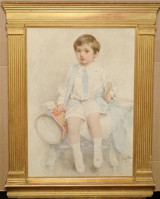 Lot 842 - Miss Mary Gow R.I. (1851-1929) Portrait of a Boy with a Drum Signed and dated 1912, inscribed on an