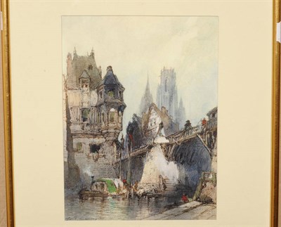 Lot 844 - Paul Marny (1829-1914) Continental River Scene with figures and a barge Signed, pencil, pen,...