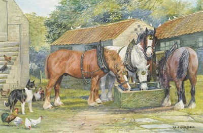 Lot 848 - Dorothy Margaret and Elizabeth Mary Alderson (1900-1992) (1900-1988) Four Shire Horses at a...