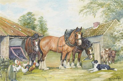 Lot 849 - Dorothy Margaret and Elizabeth Mary Alderson (1900-1992) (1900-1988) Farmyard with Three Shire...