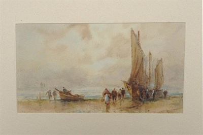 Lot 853 - Frank Rousse (fl.1897-1915) Beach Scene at Low Tide with Figures unloading Fishing Boats...