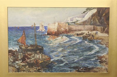 Lot 854 - Frank Henry Algernon Mason R.I., R.B.A. (1876-1965) Figures and Fishing Boats on a Coastline...