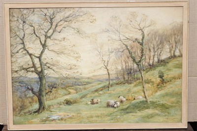 Lot 855 - John Atkinson (1863-1924) Springtime, sheep and lambs grazing on a hillside Signed, pencil and...