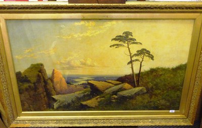 Lot 878 - Edward H. Niemann (fl.1863-1887) Pine Trees beside Rocks, river landscape in the distance...