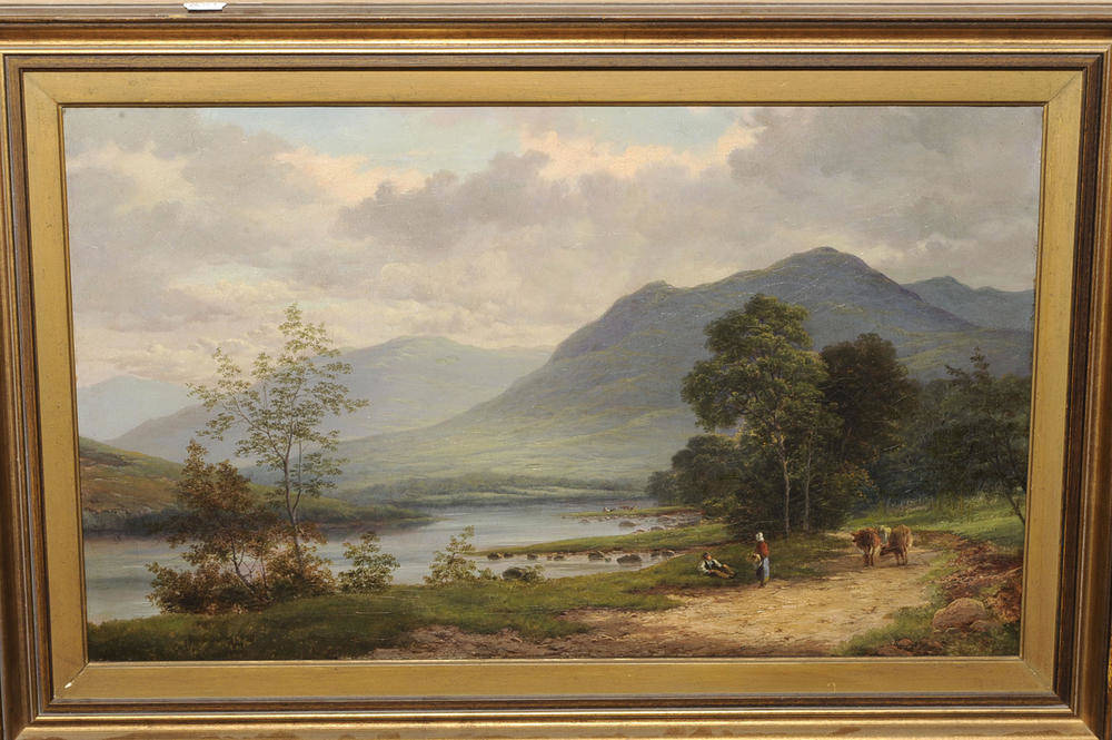 Lot 885 - Thomas Joseph Banks (1828-1896) Lakeland Landscape with Figures and Cattle on a Sandy Path...